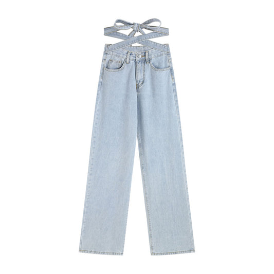Fashion Thin Straight Loose Design Wide Leg Trousers With Straps