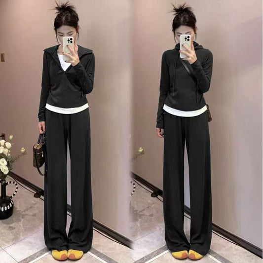 Fashion Women's Stitching Hooded Top Half Zipper Casual Suit