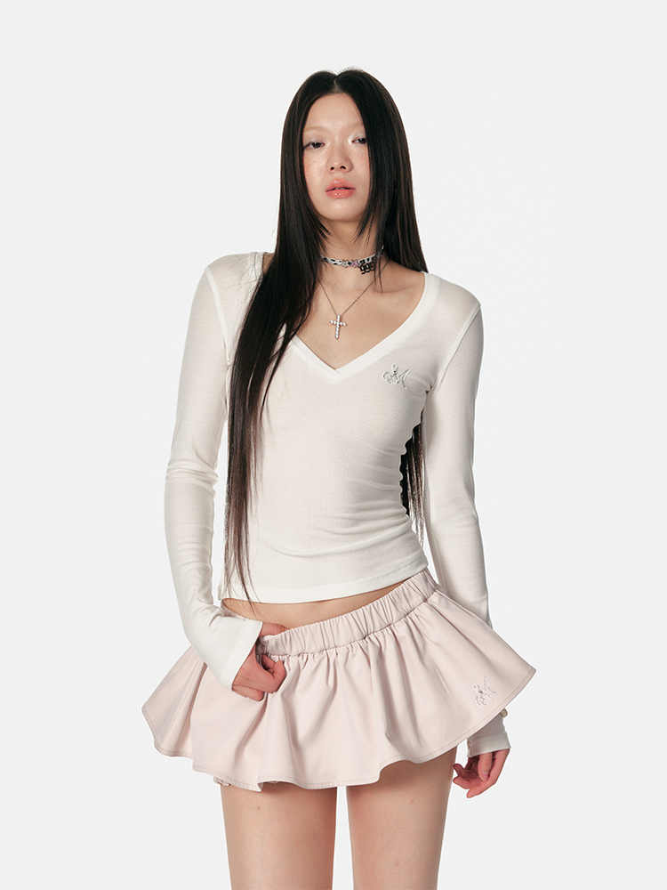 Knitted Rhinestone V-neck Bottoming Shirt Slim Fit Slimming Long Sleeves T-shirt