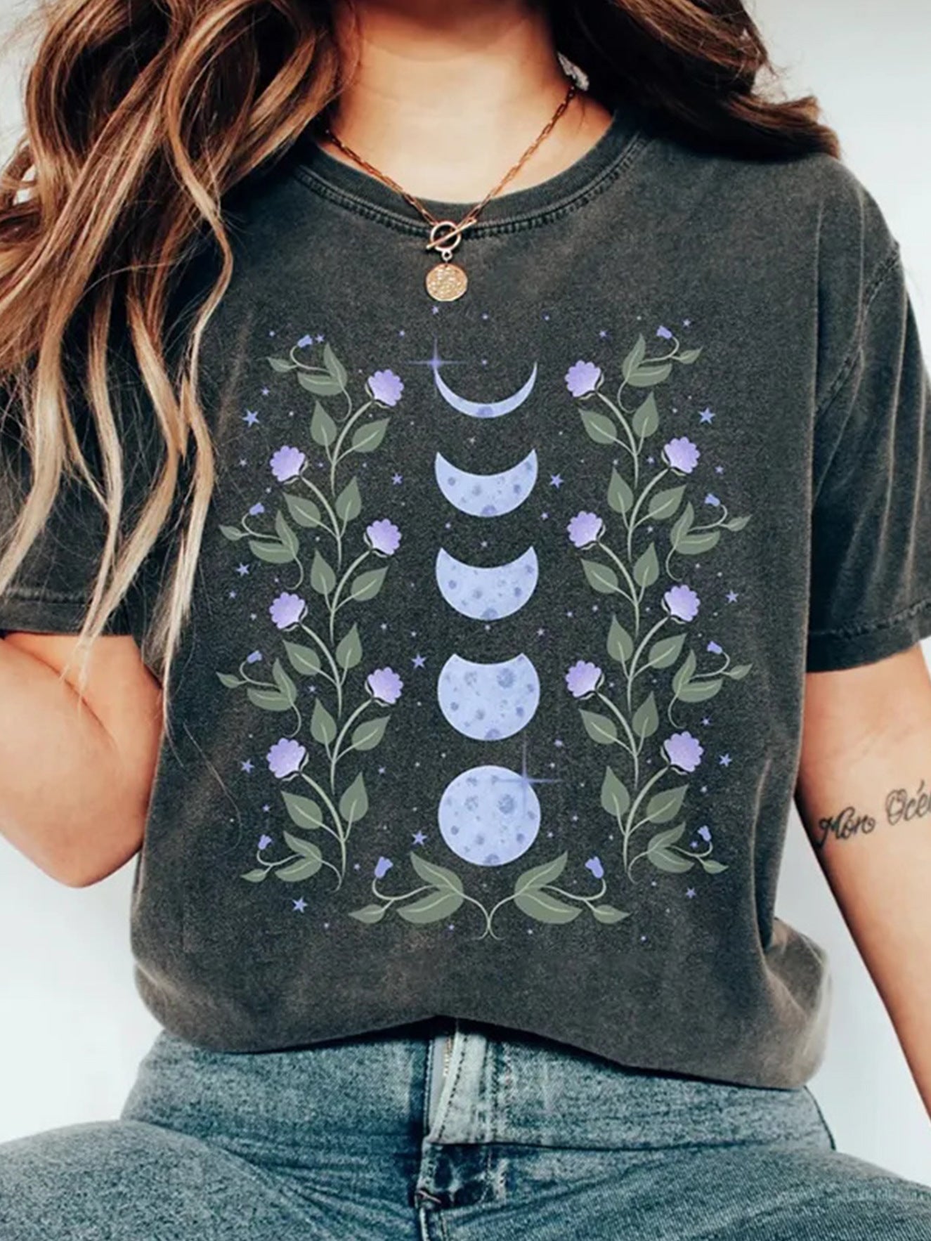 Dame Måne Digitalt Printet Afslappet Kortærmet T-shirt