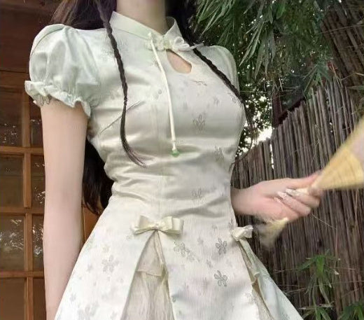 Buttoned-loop Puff-sleeve Skirt Two-piece Set