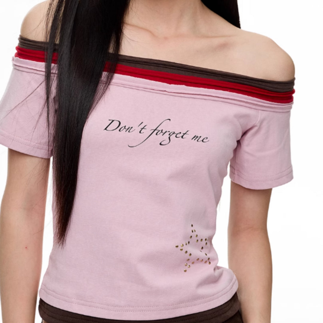 Female Printed Rhinestone One Shoulder Short Sleeved Shirt