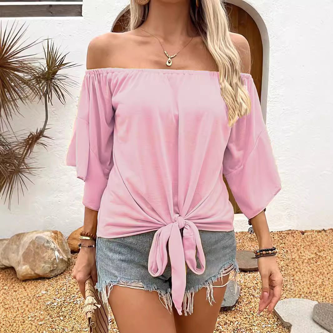 Sommer Efterår Dame Tøj Ensfarvet Off-shoulder Afslappet T-shirt Top