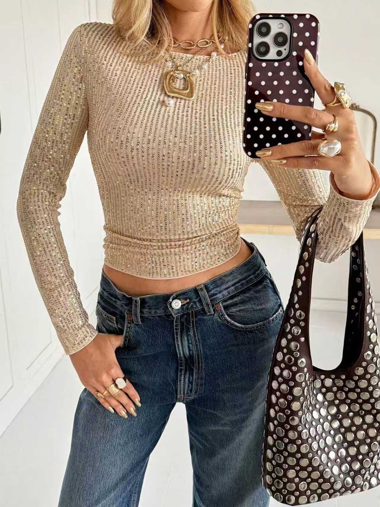 New Shiny Sequin Long-sleeve T-shirt Top