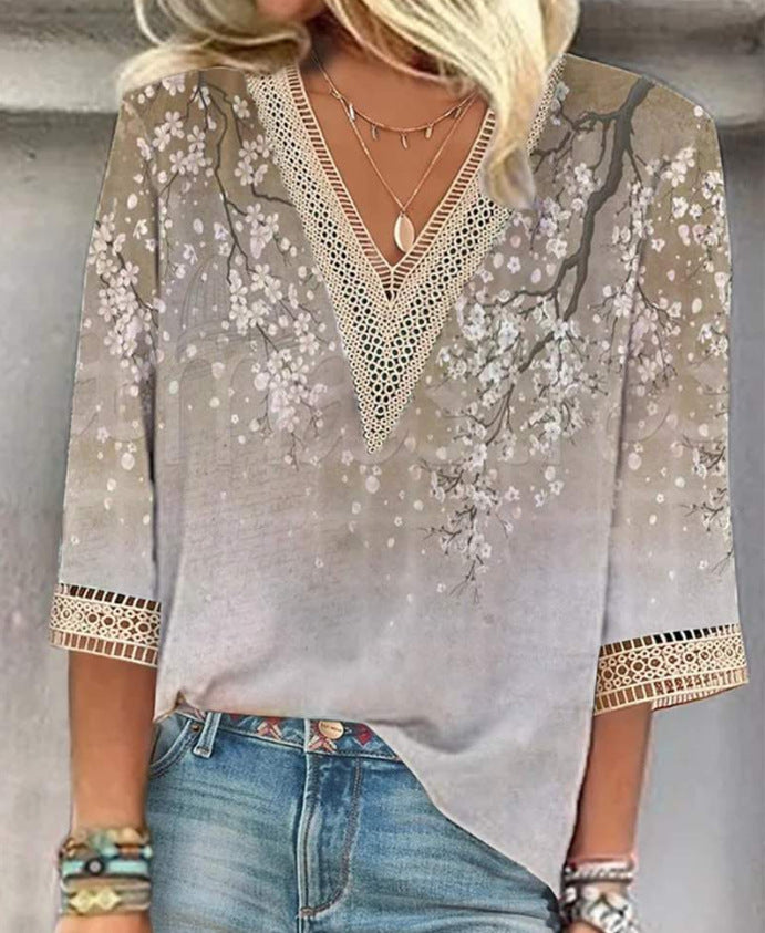Women's Loose New Multi-color Floral Print Stitching Lace Mid-sleeve V-neck T-shirt