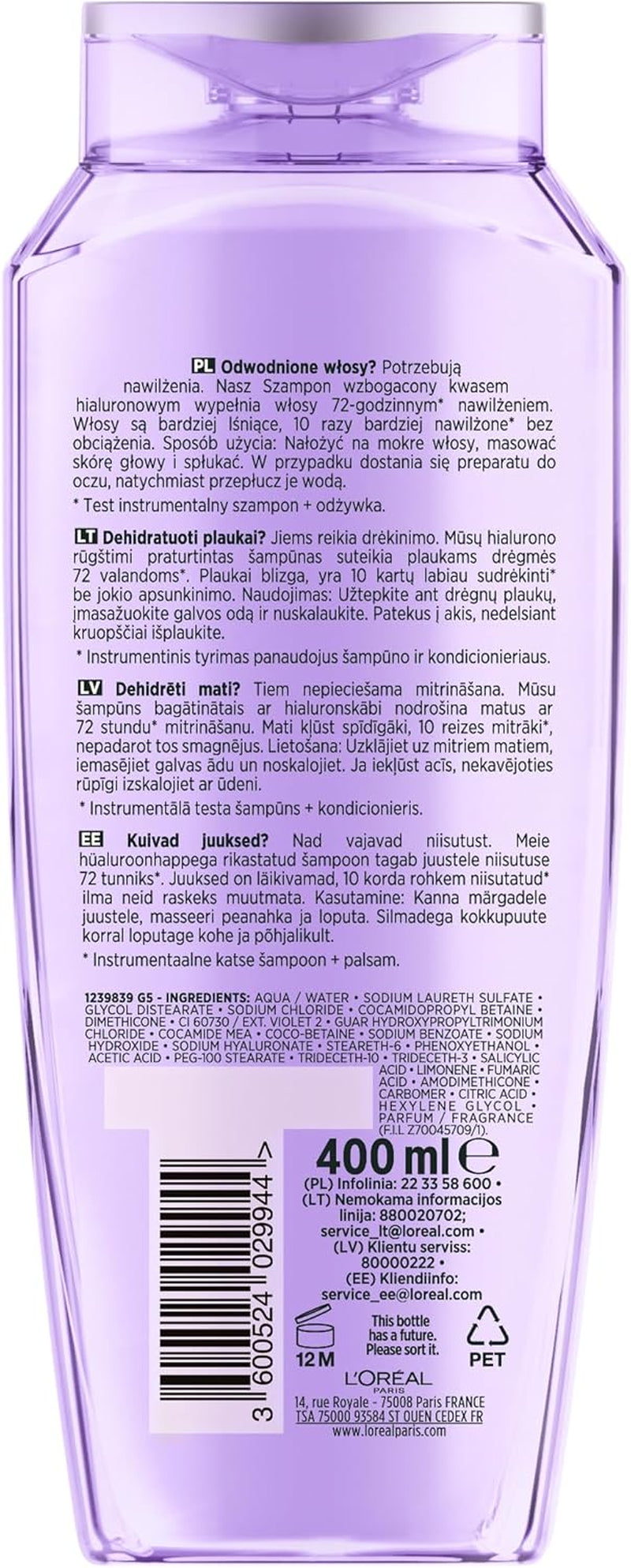 L'Oréal Paris Champú Hidratante Elvital Para Cabello Brillante Y Saludable, Con Ácido Hialurónico Para Un Impulso Hidratante, Hydra Hyaluronic, 400 Ml