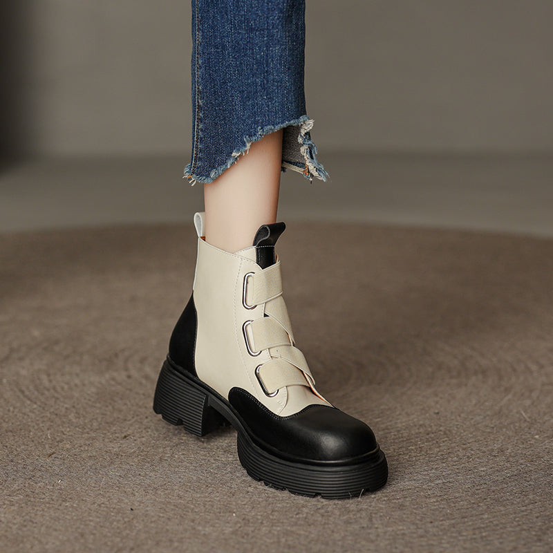 Women's French Retro Small Thick Sole Leather Martin Boots
