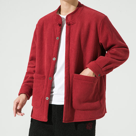 Men's Hanfu Stand Collar Buckle Corduroy Fleece Warm Jacket