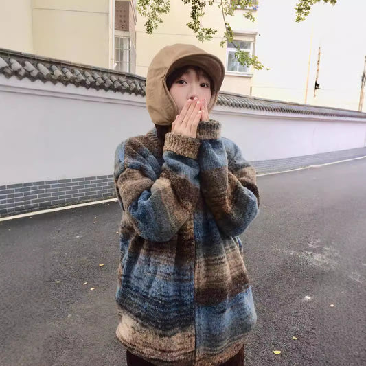 Vintage Pattern Knitted Cardigan Mixed Color Stripe Coat