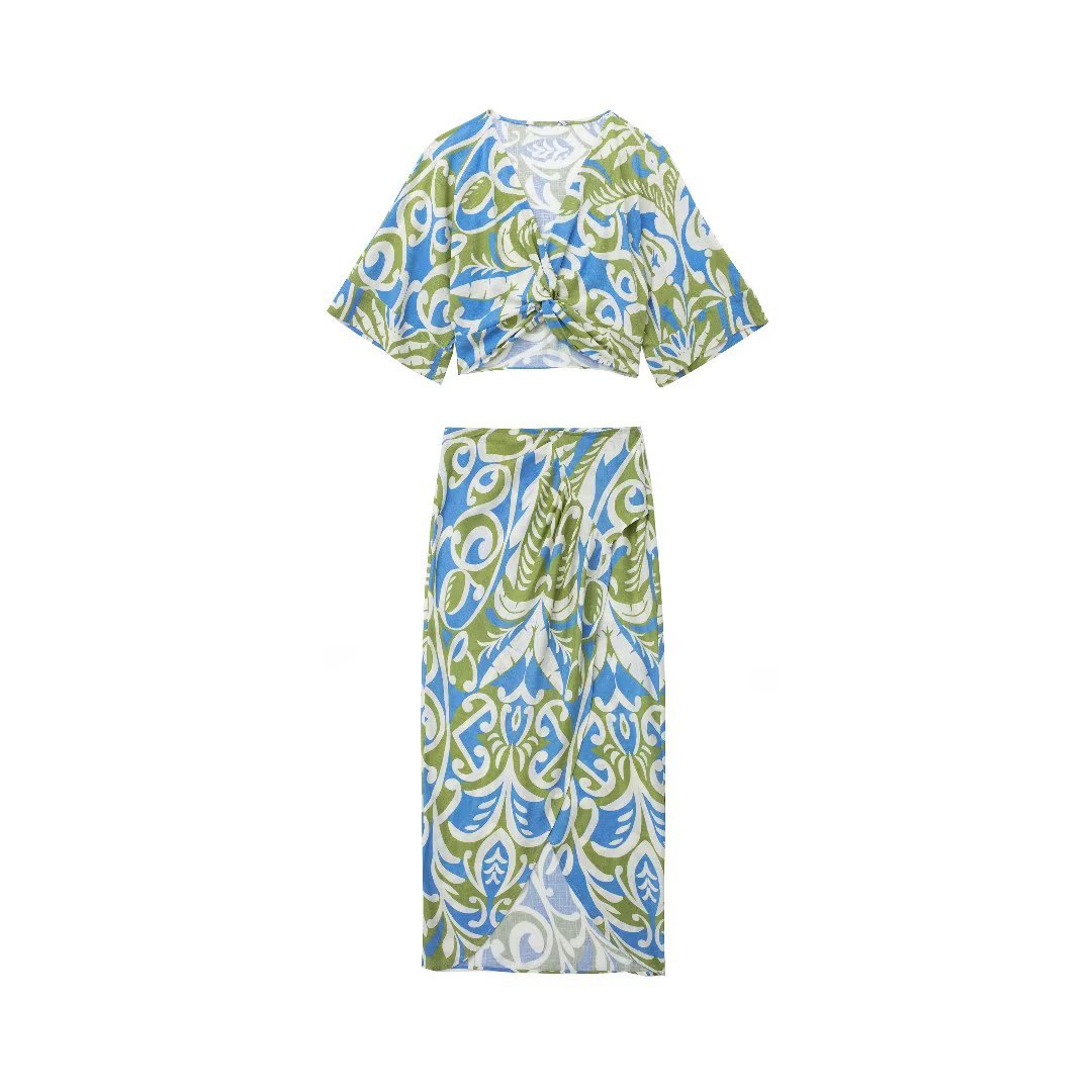 Women's Knotted Shirt Top Printed Wrap Midi Skirt Set