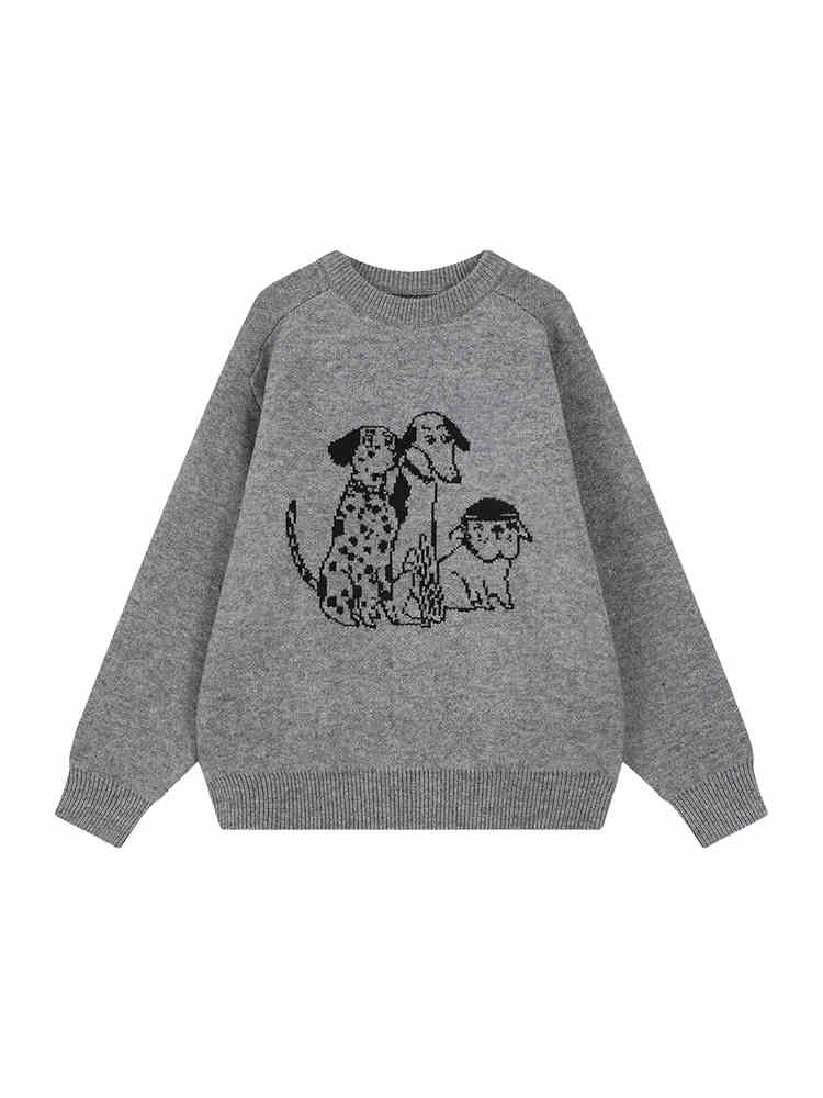 Cartoon Printed Round Neck Long Sleeve Knitted Sweater For Women