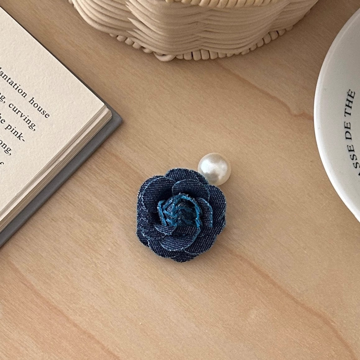 Denim Camellia Pearl Barrettes Sweet Hair Band