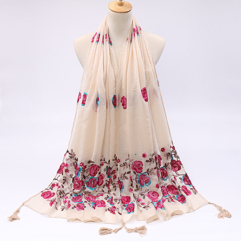 Pure Color Cotton And Linen Embroidered Hot Drilling Fringe Scarf