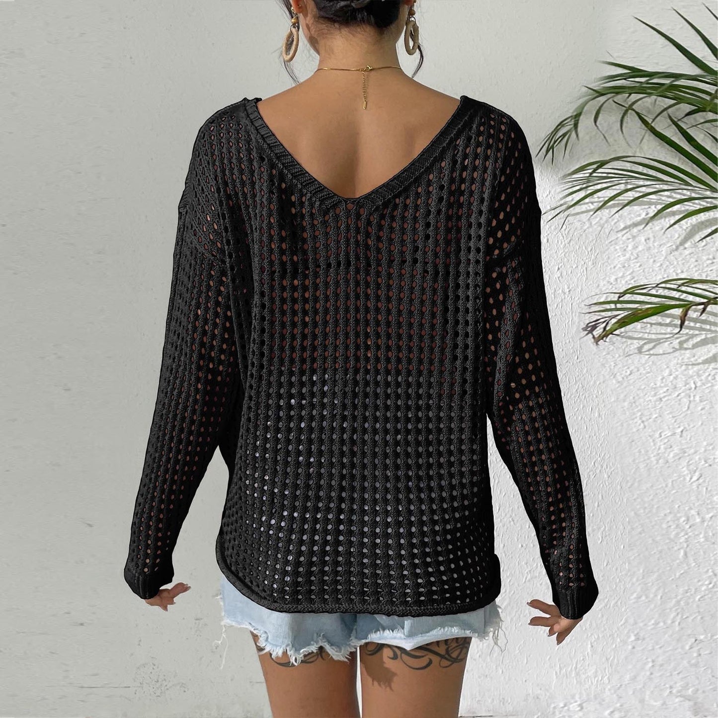 Pullover Strap Butterfly Stitching Idle Style Loose Long Sleeve Top