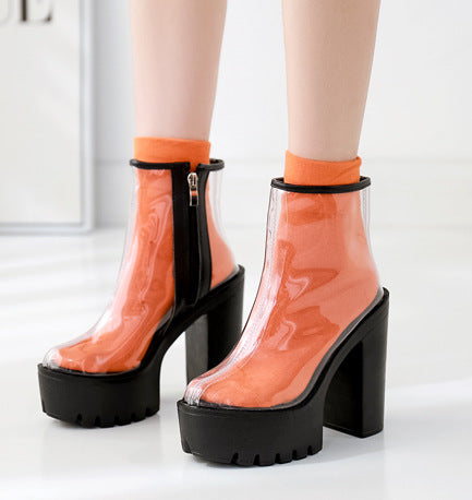 Transparent Film Waterproof Platform Thick Heel Color Matching High Heel Boots
