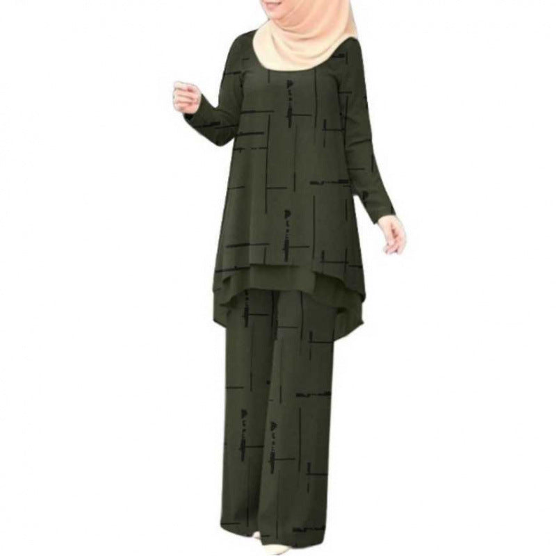 Womens Double-Layer Vertical Stripe Four-Way Stretch Printed Chiffon Set With Elastic Waistband