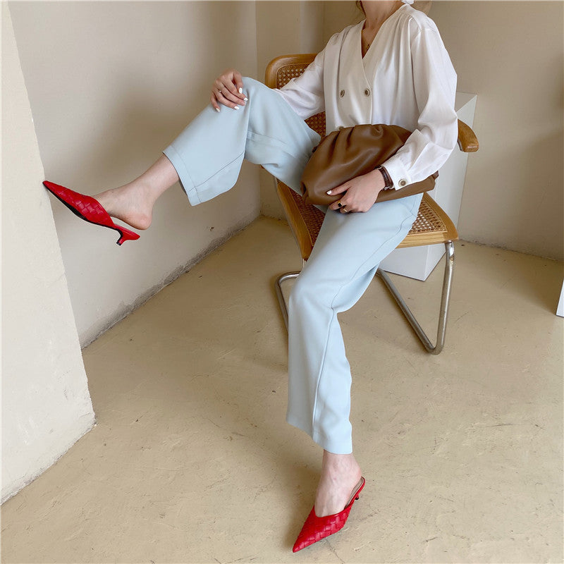 Woven pointed mid-heel half slippers