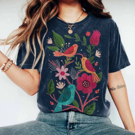 Flower And Bird PrintRound Neck Short Sleeve T-shirt