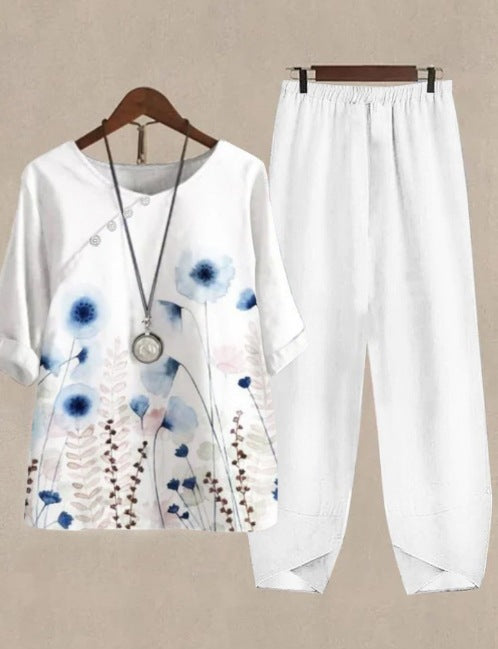 Womens Casual Crew-Neck Cropped-Sleeve Top Set