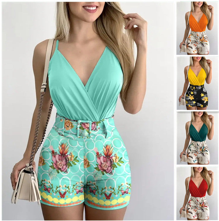 V-neck Halter Vest Printed Shorts Suit With Belt