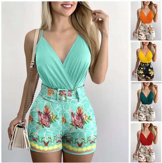 V-neck Halter Vest Printed Shorts Suit With Belt