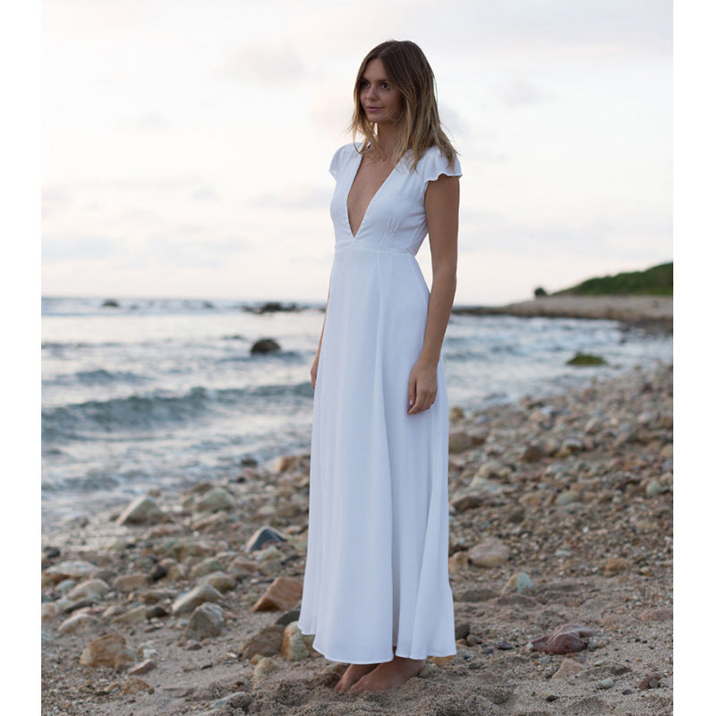 Short Sleeve Split Ankle-Length V-Neck Expansion Womens Dress