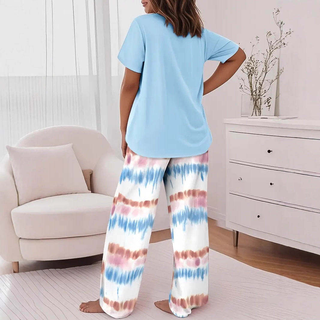 Crew-neck Short-sleeve Casual Striped Print Wide-leg Pants Two-piece Trouser Set
