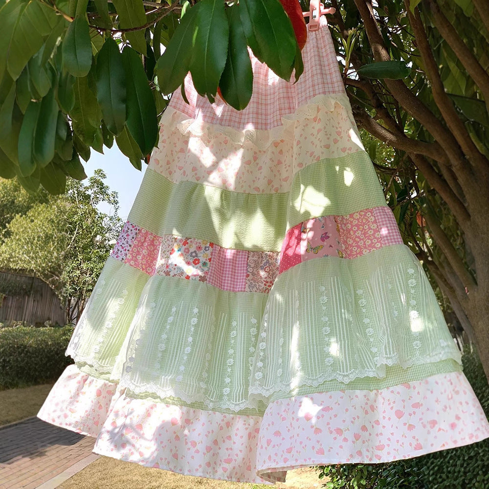 Women's Lace-trimmed Floral Patchwork High-waisted Skirt