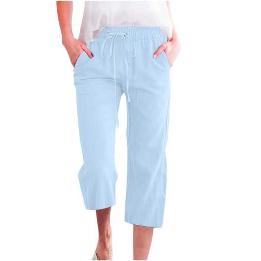 Women's Solid Color Drawstring Cotton And Linen Casual Loose Straight Pocket Home Cropped Pants