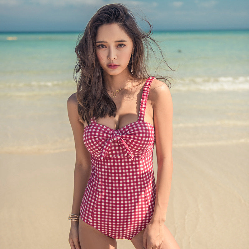 Women's Hot Spring Plaid Underwire Push Up Triangle One Piece Swimsuit