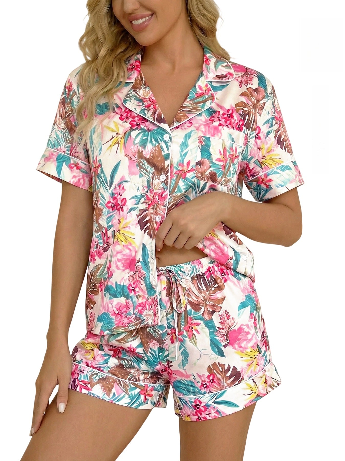 Digital-print Short-sleeve Top And Shorts Two-piece Set