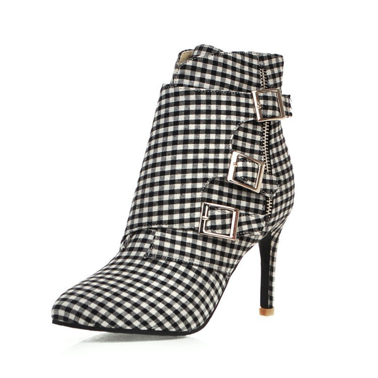 Women's Plaid Short High Heels Knight Boots