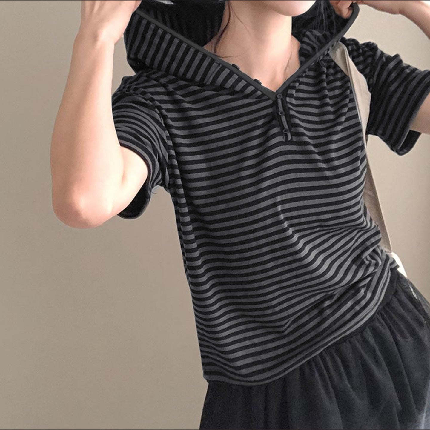 Sweet And Spicy Style Contrast Color Striped Zipper Hooded T-shirt
