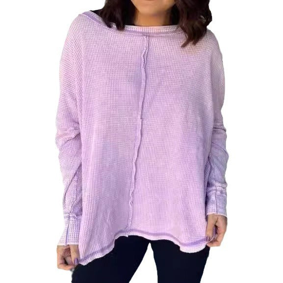 Women's Washed Waffle Back-stitched Long-sleeved Top