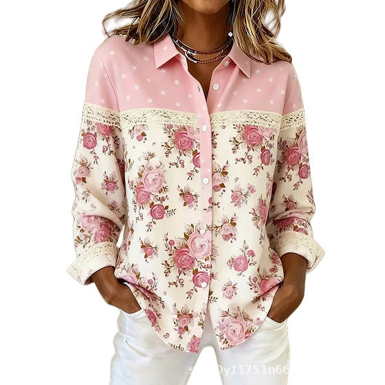 Womens Plaid Floral Print Long-Sleeve Blouse