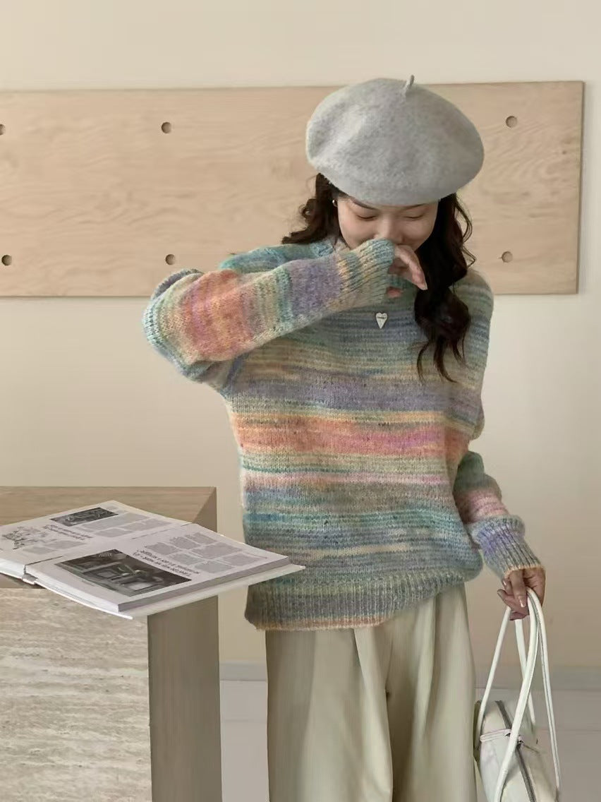 Women's Rainbow Gradient Retro Round Neck Knitted Shirt