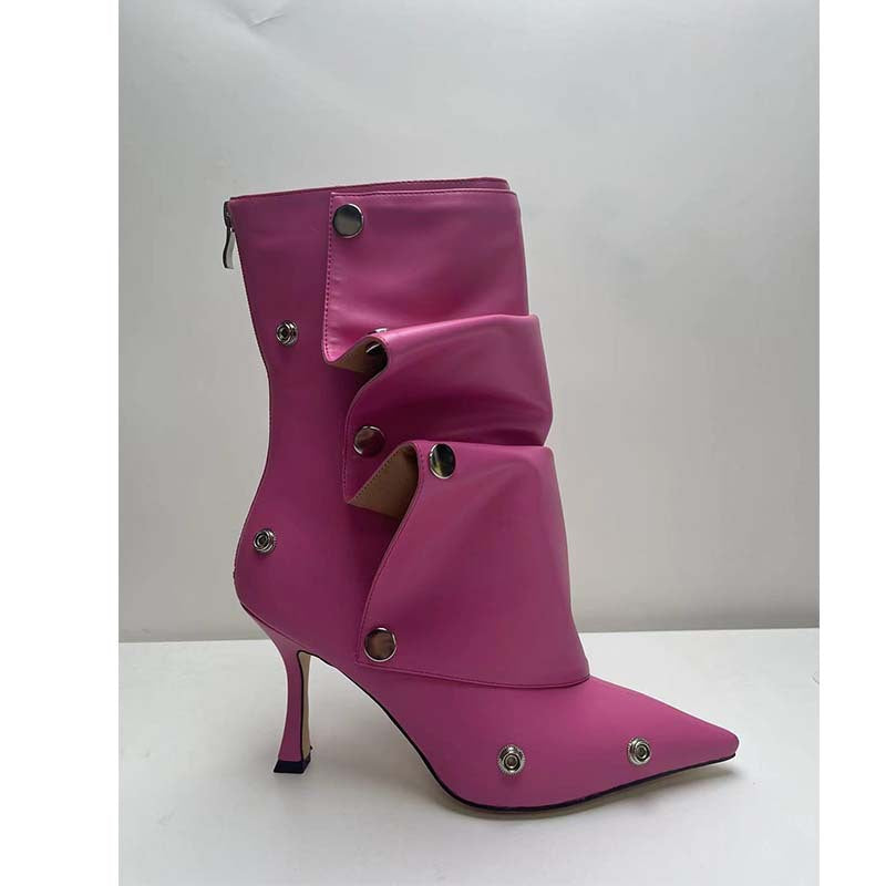 Women's High-heeled Pointed-toe Denim Patchwork Ankle Boots With Metal Studs