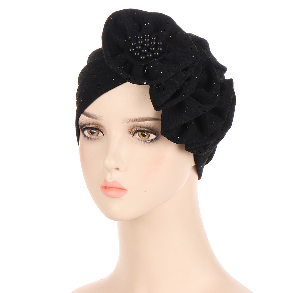 Flower Sprinkled Gold Creased Long Strip Single Side Decal Turban Hat