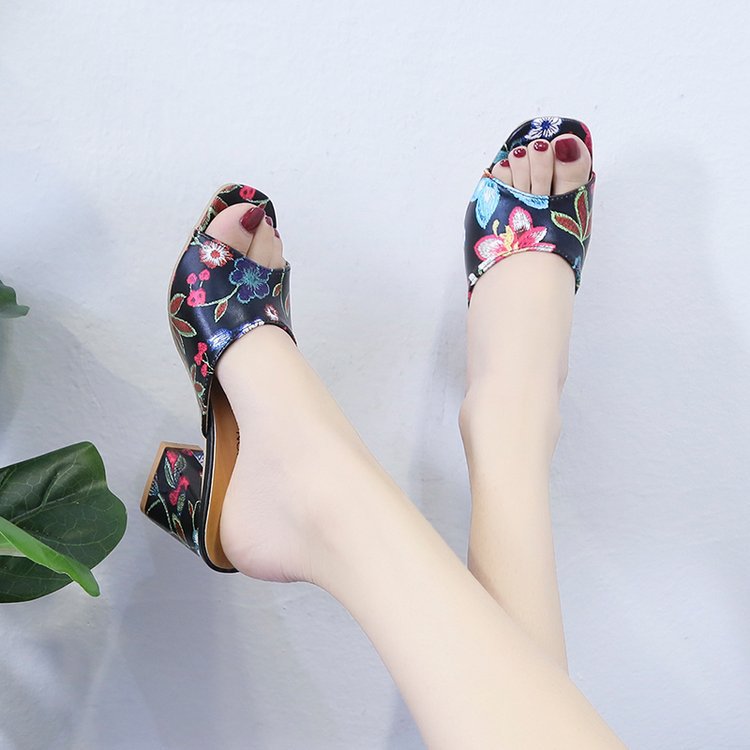 Dame fritids udendørs slip-in sandaler med tyk hæl og print