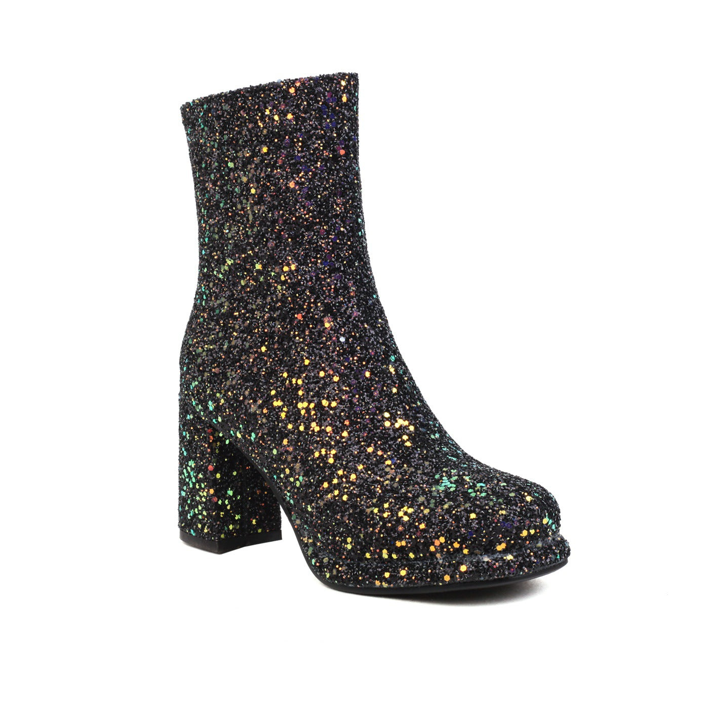 Sequined Thick High Heel Side Zipper Chunky Heel Ankle Boots