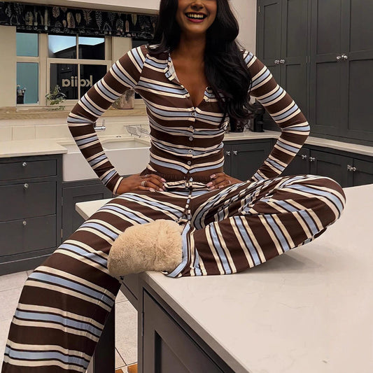 Womens Knitted Crew Neck Top And High Waisted Straight Leg Pants Set