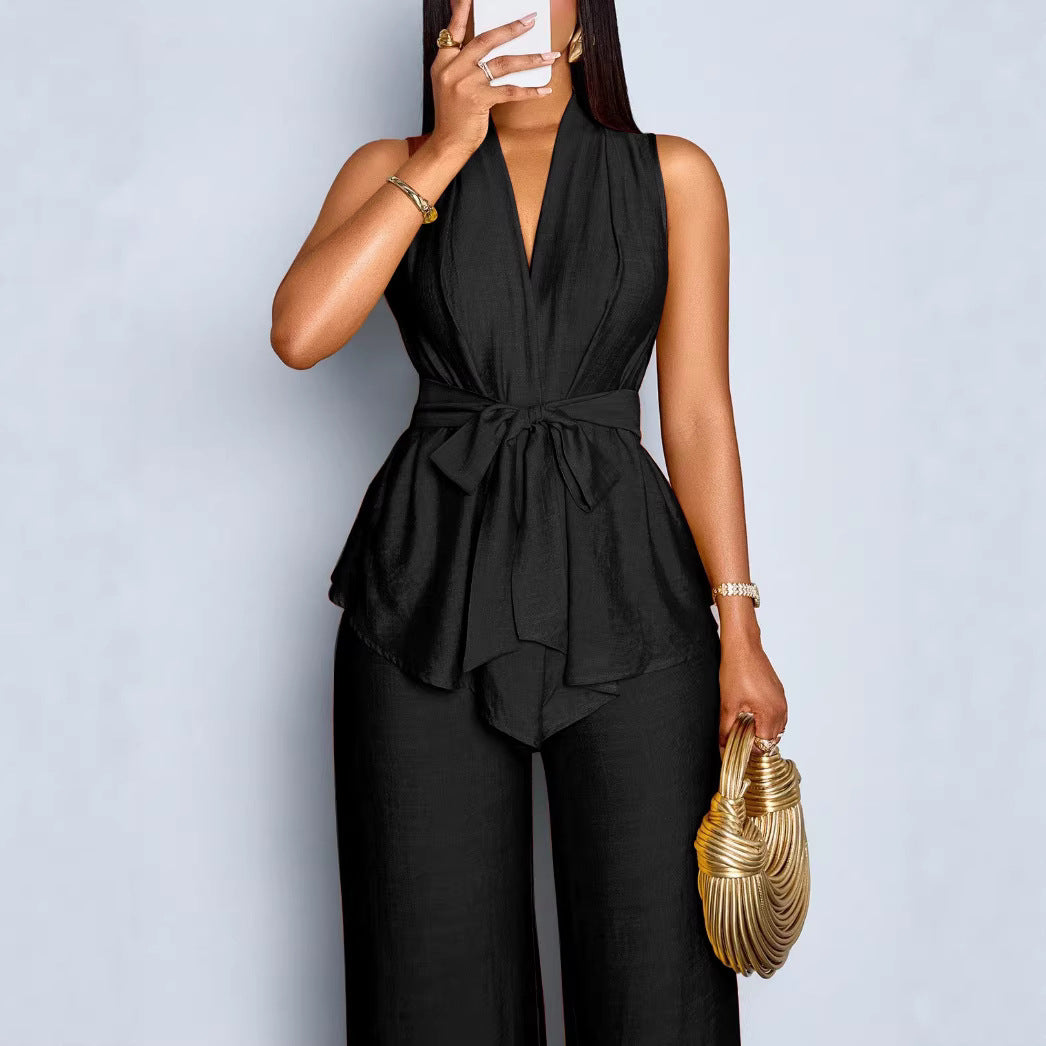 Elegant Solid-color Sleeveless Top With Tie Details And Wide-leg Pants Two-piece Set