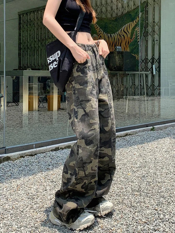 Camouflage-arbejdsjeans til kvinder, lige løs retro hiphop-stil højtaljede ekstra lange bukser med brede ben