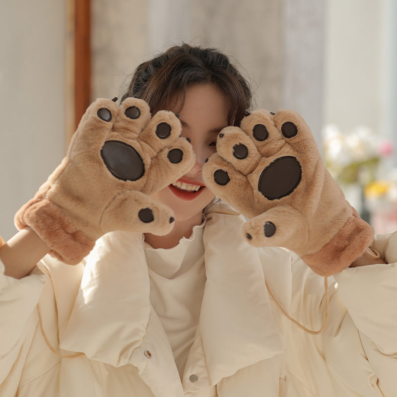 Cute Cartoon Bear Claw Plush Gloves Female Winter Warm Fleece-lined Thickened Hand-shaped Brush Road Bike Skiing