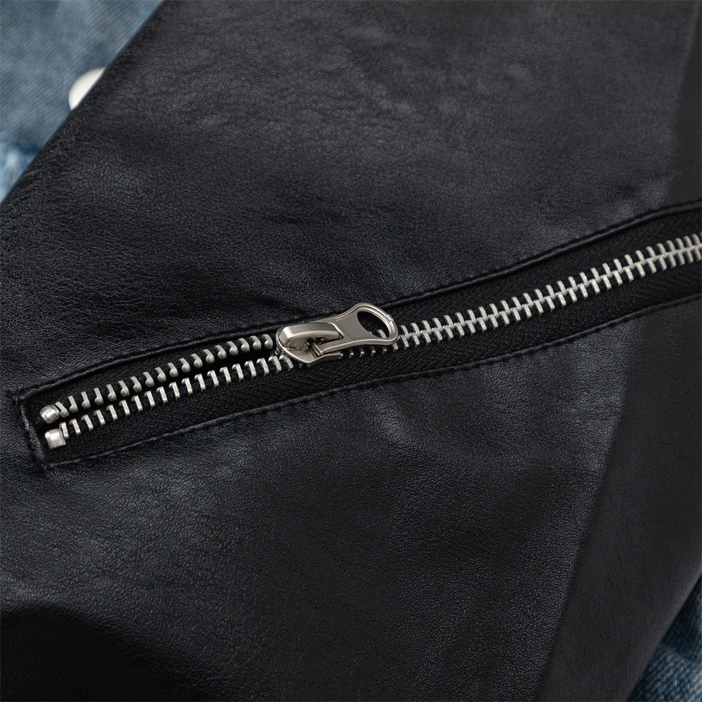 European And American Style Stitching PU Leather Sleeve Denim Jacket