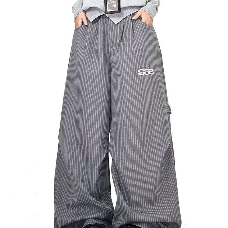 Afslappede bukser med brede ben, stribet workwear-stil, amerikansk pasform