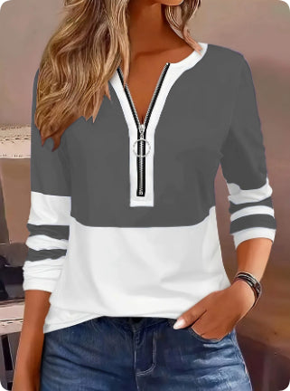 Women's V-collar Contrast Color Striped Loose Zip Long-sleeved T-shirt