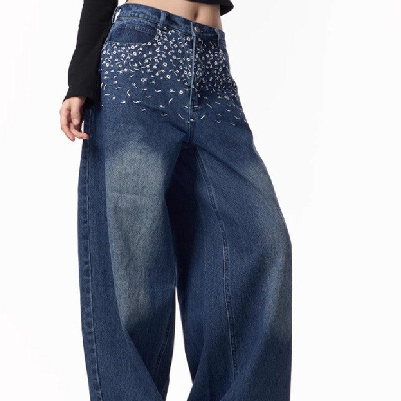 Vintage Floral Embroidered Straight Jeans Women Loose Casual Wide-leg Trousers