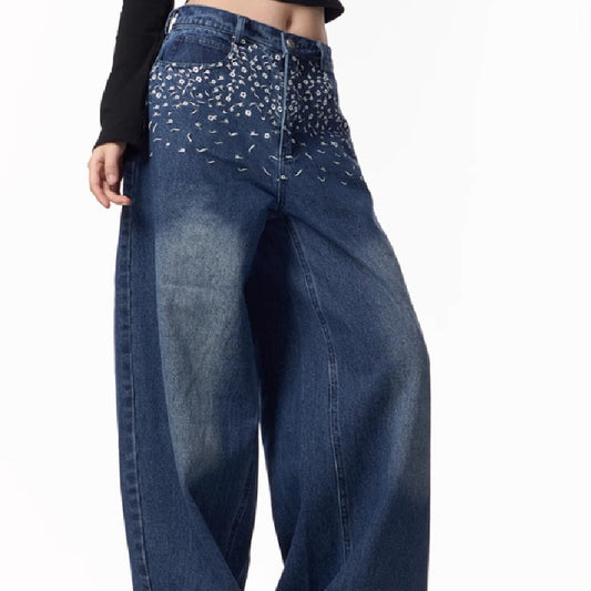 Vintage Floral Embroidered Straight Jeans Women Loose Casual Wide-leg Trousers