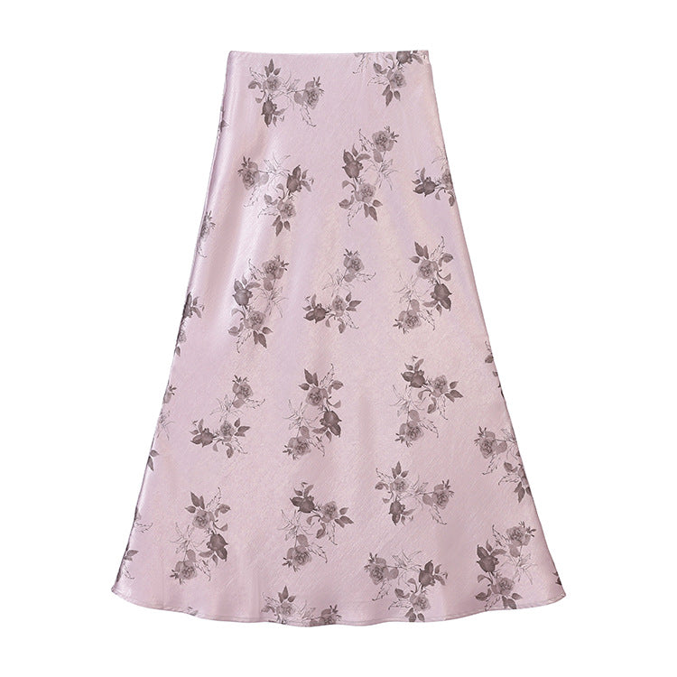 Rose Printed Satin A-line Skirt